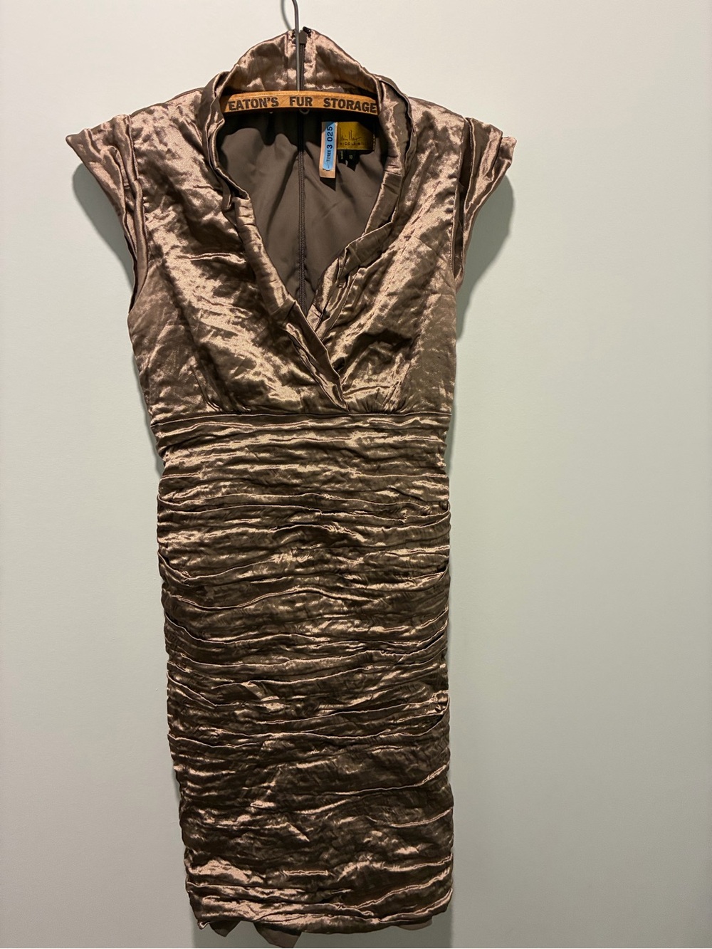 NICOLE MILLER Metallic Bronze Ruched Cocktail Dress Size 10